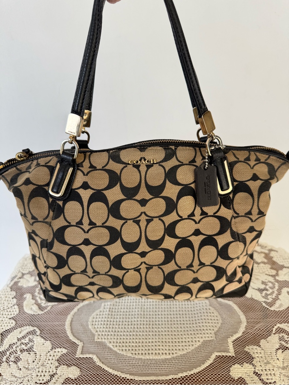 Coach Signature Canvas Shoulder Bag in Tan and Black